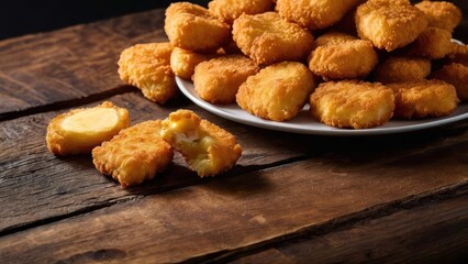 Wall Mural - Intimate Focus on Golden-Crispy Chicken Nuggets and Melted Cheese - A Culinary Close-Up