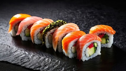 Wall Mural - Dark Surface Sushi Artistry, An Assortment of Crafted Rolls Highlighting Sushi Diversity
