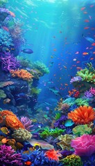 Poster - A colorful and enchanting underwater scene featuring vibrant coral reefs, exotic fish, and sea creatures. Generative AI