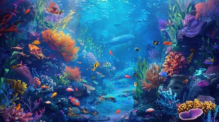 Wall Mural - A mesmerizing underwater scene showcasing colorful coral reefs teeming with diverse fish and marine life. Generative AI