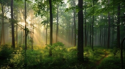 Aufkleber - A serene forest landscape at dawn, with sunbeams illuminating the trees and mist creating a mystical atmosphere. Generative AI