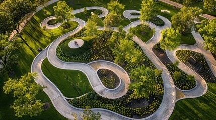 Aerial view of a contemporary park with walking paths and sculptures