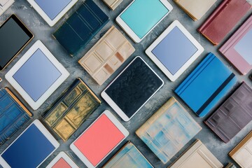 Leinwandbilder - A flat lay showcasing various tablets and e-readers displaying digital educational materials, contrasted with traditional bound books. Generative AI