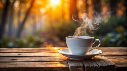 Wall Mural - Steaming hot beverage in a pristine white cup on a rustic wooden table against a blurred background atmosphere.