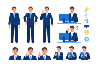 Wall Mural - Working man. Concept for Problem Solving. Man cartoon character head collection set. People face profiles avatars and icons. Close up image of Problem Solving man.