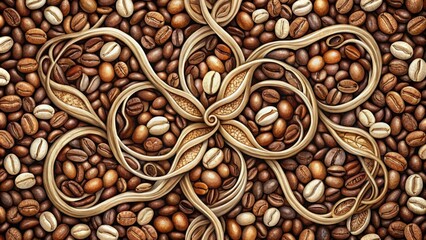 Wall Mural - Intricate illustration of Arabica coffee beans amidst swirling, curved branch patterns in shades of brown, beige, and creamy white tones.