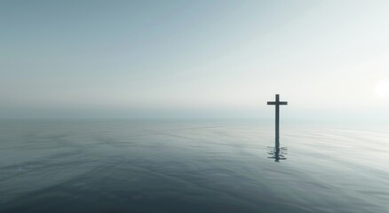 Wall Mural - Minimalist Cross in Endless Sea Representing Jesus' Sacrifice and Spirituality. Calm Easter Morning with Soft Grey Gradient and Subtle Reflections.