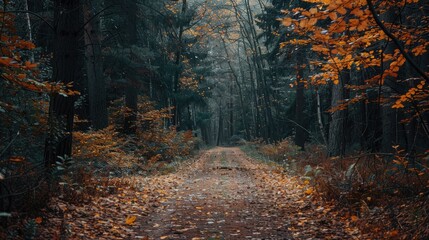 A narrow forest path covered in fallen leaves and surrounded by trees