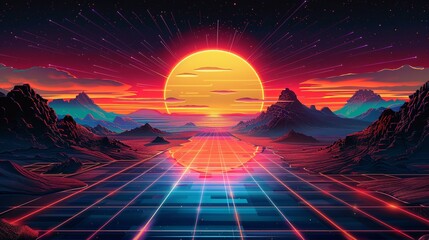 Wall Mural - Retro Sunset Over a Gridded Landscape