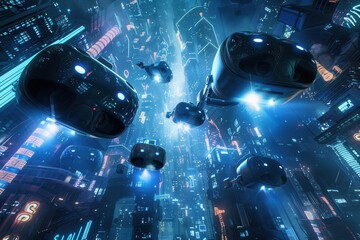 Poster - VR headsets soaring through a neon-lit digital city, showcasing the immersive power of virtual reality. Generative AI