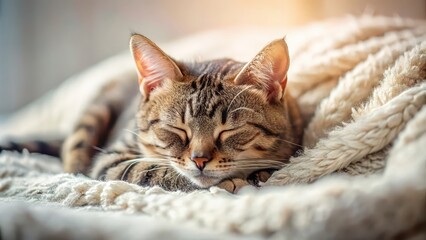 Wall Mural - Cat peacefully sleeping on a cozy bed , feline, pet, animal, fluffy, relaxation, comfortable, cozy, domestic, peaceful, nap, rest