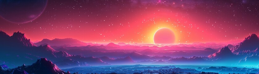 Wall Mural - surreal sunset over a mountainous alien landscape
