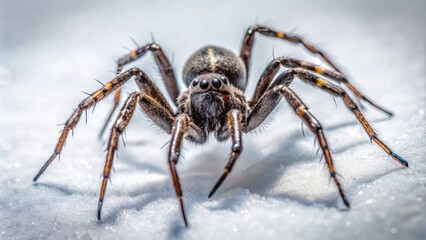 Delicate dark arachnid with intricate leg details and subtle shading stands alone against a crisp, snowy white backdrop.