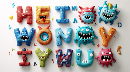 Wall Mural - Decorative lettering of the alphabet with adorable monster faces, isolated on white