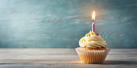 Poster - Cupcake with a lit candle on top, cupcake, candle, celebration, birthday, dessert, treat, bakery, pastry, sweet, festive, party