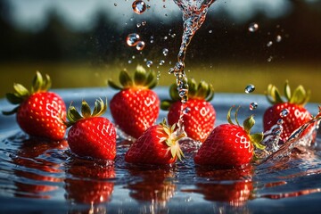 Wall Mural - Strawberries dropped on water, dynamic splash 
