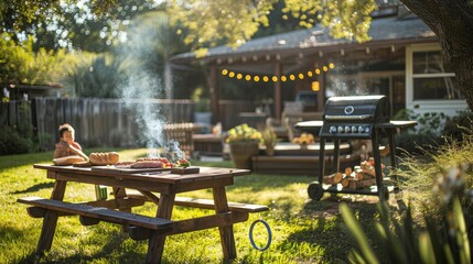 Wall Mural - A family is enjoying a barbecue in their backyard