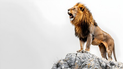 Wall Mural - Majestic Lion Roaring on Rocky Outcrop in Savannah Landscape