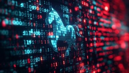 The computer screen displays a Trojan horse as an icon for a hacker program