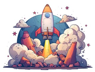 Wall Mural - cartoon of spaceship blasting off with smoke and stars around on white background