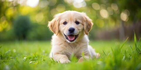 Sticker - A fluffy golden retriever puppy playing in a grassy field, dog, pet, animal, cute, playful, furry, domestic, canine