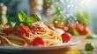 © NASIR - Spaghetti with fresh tomato sauce mozzarella and basil water on background