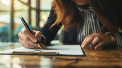 Wall Mural - A businesswoman signing a partnership agreement document with a pen.