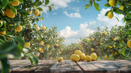 lemons on a wooden platform, encircled by green lemon trees, bathed in warm sunlight