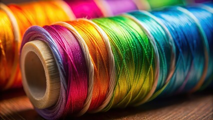 Sticker - A close-up shot of a colorful spool of thread, sewing, crafting, textile, fabric, garment, needlework, hobby, tailor, spool