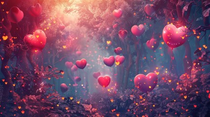 Wall Mural - Magical Forest with Floating Heart Balloons - Generative AI