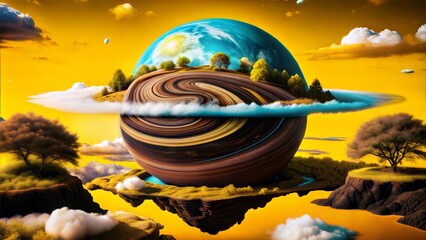 Wall Mural - abstract fantastical background with a planet and a rainbow