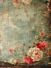 Poster - Close-up view of antique floral wallpaper with cracked paint, showcasing a charming and nostalgic aesthetic. Generative AI