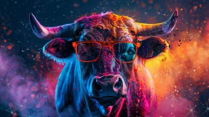 Wall Mural - adorable cow wear sunglasses with powder splash background