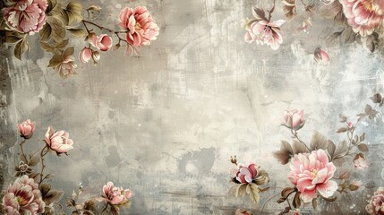 Canvas Print - A vintage-style floral wallpaper featuring pink roses and green leaves on a distressed grey background. Generative AI