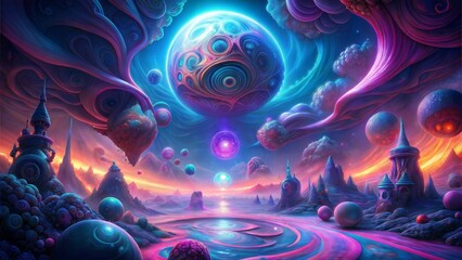 Wall Mural - alien planet with colorful neon stars in the universe.