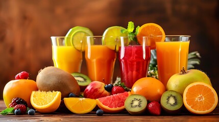 Wall Mural - Various freshly squeezed fruits juices brown background