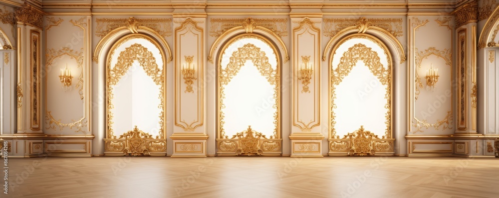 Elegant ballroom with grand arched windows, ornate gold detailing, and ...