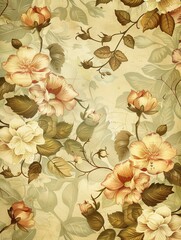 Leinwandbilder - A classic floral wallpaper pattern featuring delicate roses and lush leaves in vintage tones. Perfect for adding a touch of nostalgia and elegance to any space. Generative AI