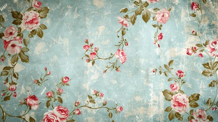 Leinwandbilder - A vintage floral wallpaper pattern with pink roses on an aqua blue background. This design evokes nostalgia and elegance, perfect for antique shops and retro-style cafes. Generative AI