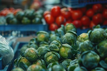Wall Mural - Fresh brussel sprouts with water droplets are laying in a pile at a market stall with tomatoes in the background
