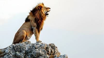 Wall Mural - Majestic Lion Roaring Atop Rocky Outcrop on Savannah Landscape