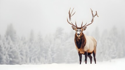 Poster - Majestic Elk Stands Proudly in Snowy Landscape with Impressive Antlers and Calm Demeanor