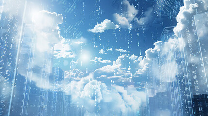 Wall Mural - A cloud computing background with digital clouds hovering above a cityscape of server racks