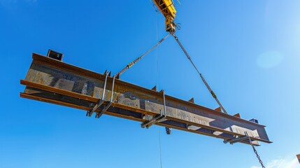 Wall Mural - A crane lifting a steel girder into position for a steel construction project. 