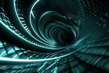 Wall Mural - Abstract 3D render of teal green neon lights forming a futuristic tunnel or wormhole. Concept of technology, cyberspace, digital world, and the future.