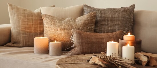 Wall Mural - Pillows in brown and textured patterns placed on a beige sofa with candles arranged on a wooden side table