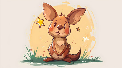 Canvas Print - a brown rabbit with a black eye sits in the grass next to a yellow star