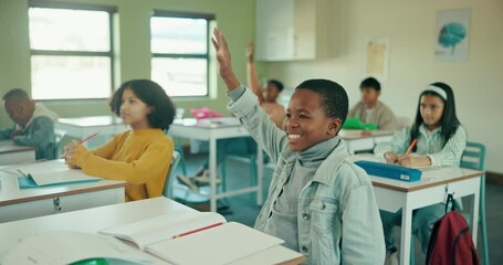 Canvas Print - School, happy kids and students in classroom with questions for growth, development and attention to education. Study, learning and children with hands up for knowledge, notes and stationery at desk