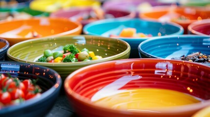 Canvas Print - Brightly colored plates and bowls are arranged neatly on the table ready to be filled with a diverse array of locally sourced foods.