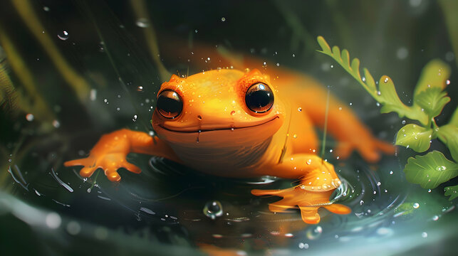a yellow and orange frog with a black eye sits in a pool of water, surrounded by a green leaf